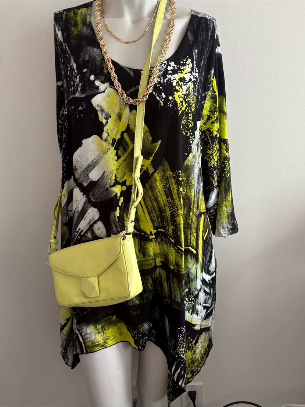 Adverb Black and Neon Yellow Splatter Print Top